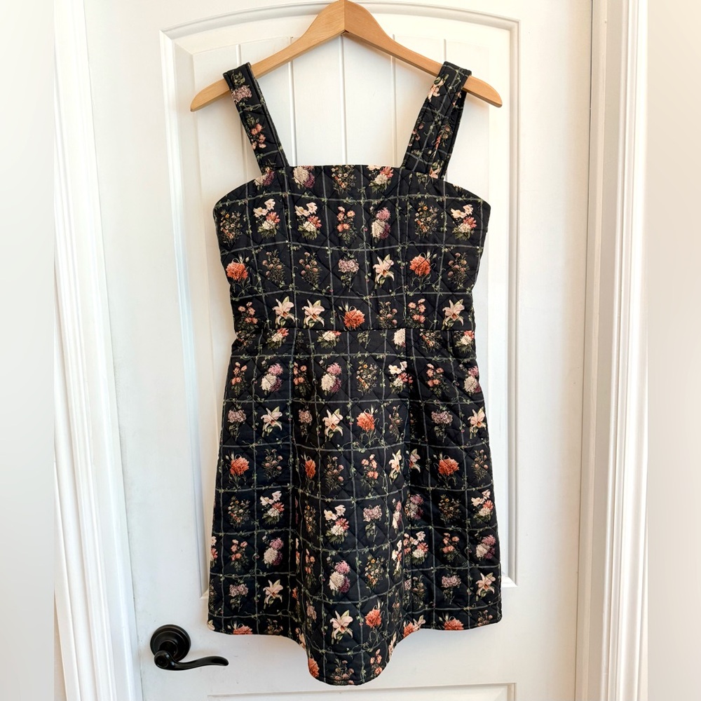 EDDY Black Floral Print Quilted Square Neck Sleeveless Mini Dress Size Medium - Picture 1 of 10